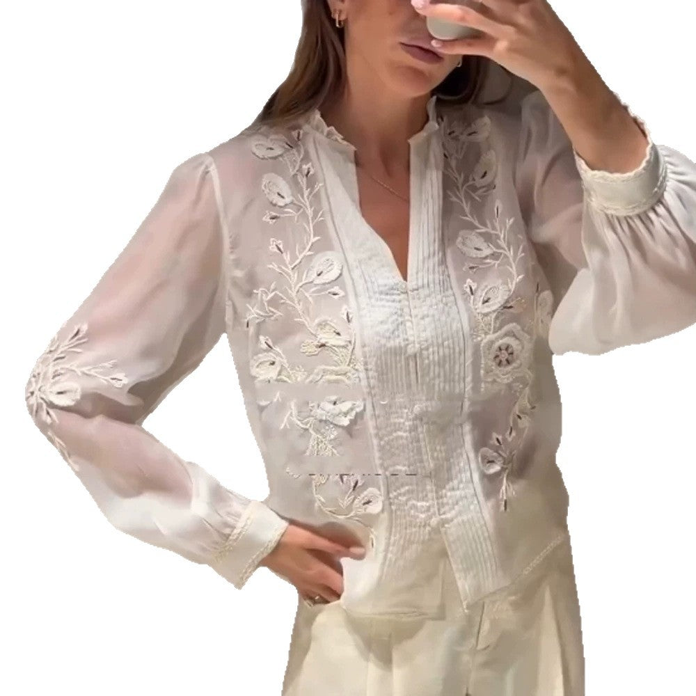 Damen Transparente bestickte Chiffonbluse mit Pintucks, V‑Ausschnitt und Ballonärmeln Shop Nory