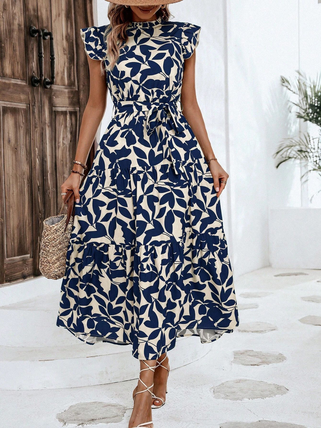 Damen Midikleid mit Stufenrock, geraffter Taillenbindung und Rüschenärmeln Shop Nory