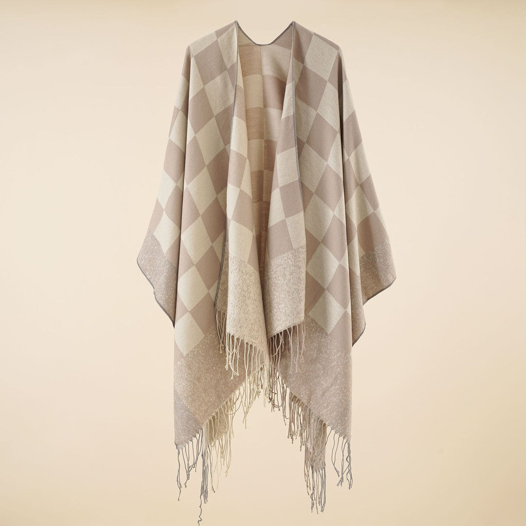 Damen Oversized gewebter Poncho mit Rautenmuster und Fransen Shop Nory