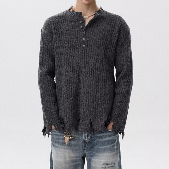 Herren Lässiger Grobstrickpullover mit Knopfleiste und rissigem Saum Shop Nory
