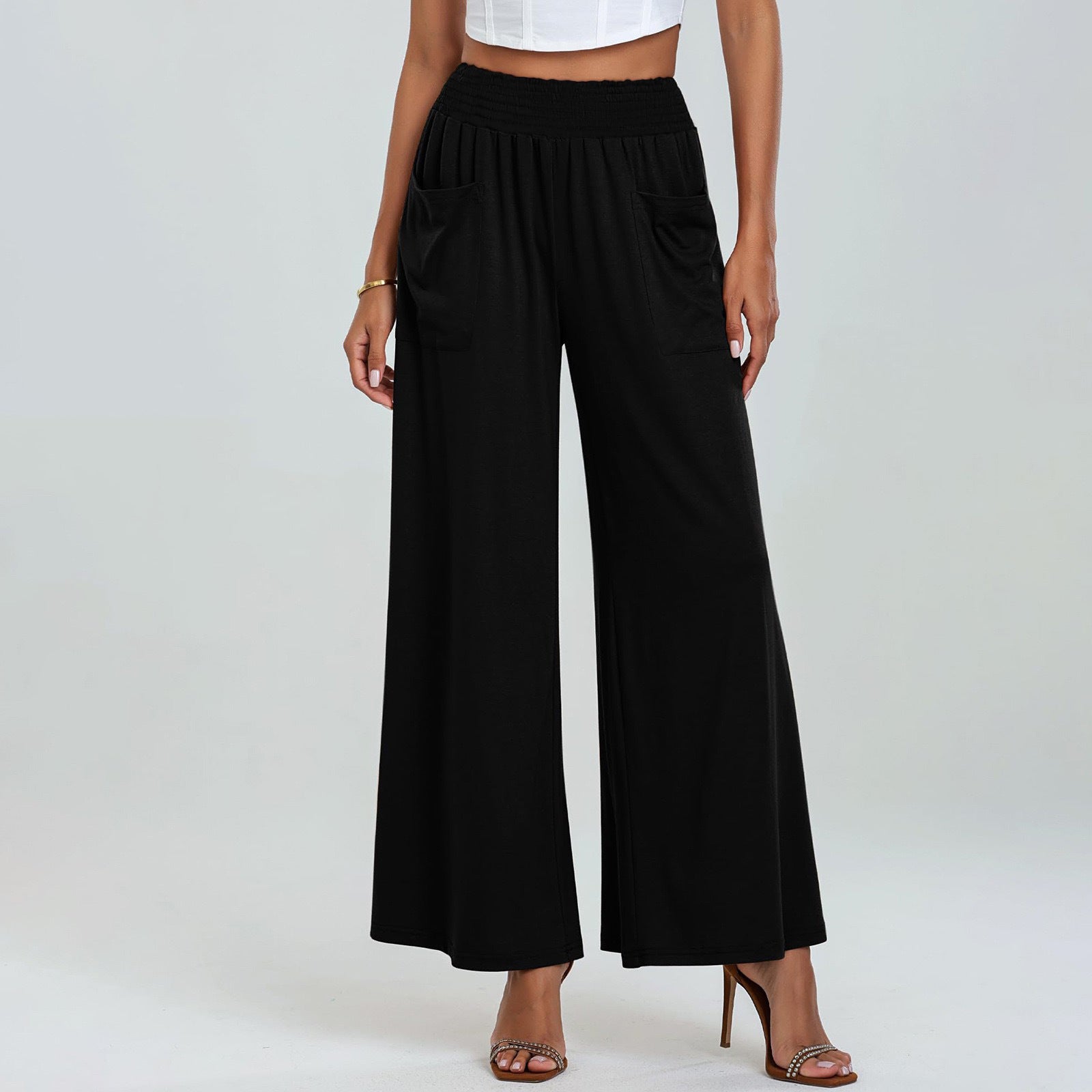 Damen Weit geschnittene Palazzo-Hose mit elastischem Bund und praktischen Taschen