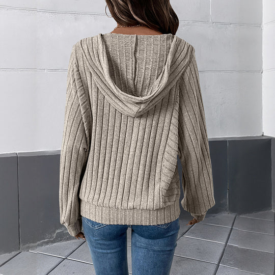 Damen Gerippter Kapuzenpullover mit V‑Ausschnitt, Knopfleiste und Oversize-Ärmeln Shop Nory