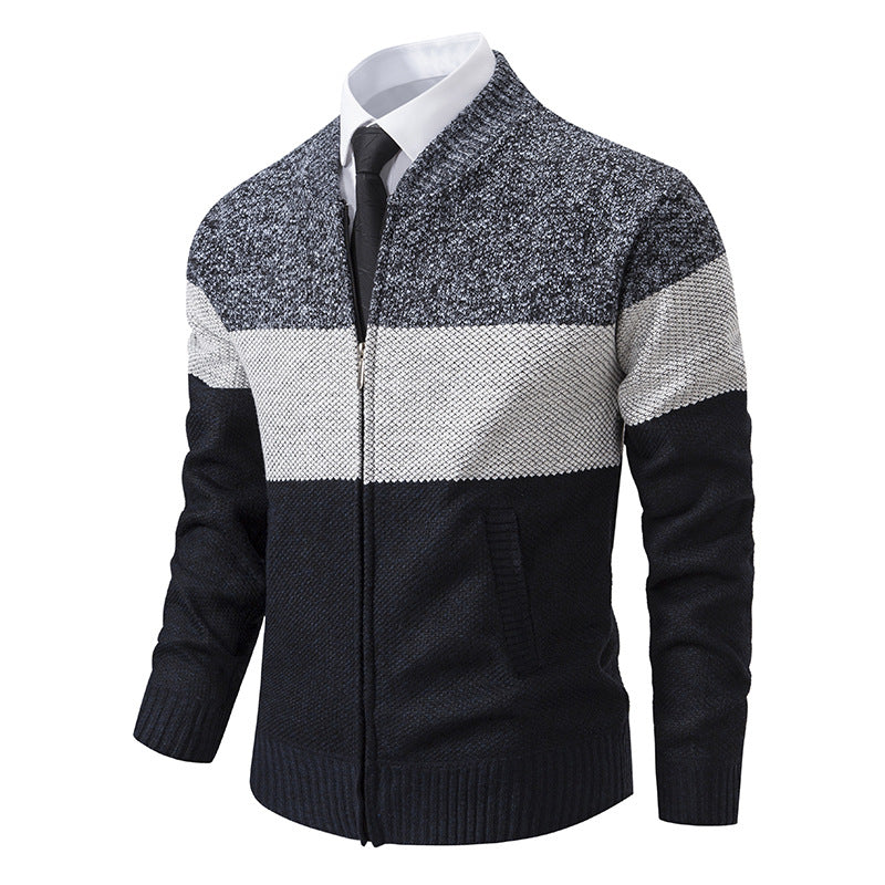 Herren Strukturierte Blockstreifen‑Strickjacke mit Frontzip, Stehkragen und Eingrifftaschen Shop Nory