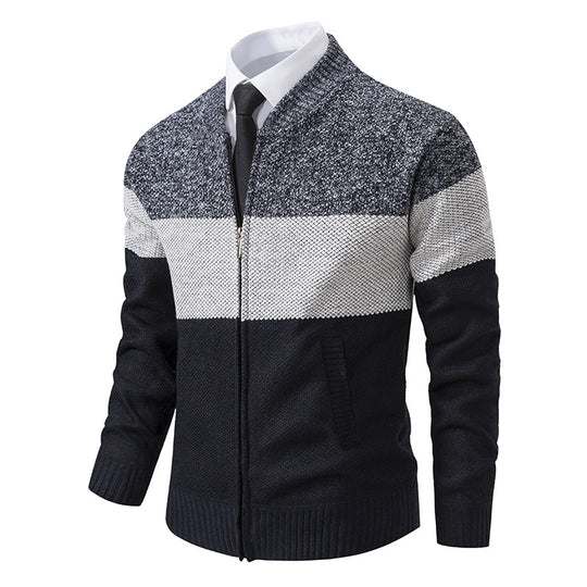 Herren Strukturierte Blockstreifen‑Strickjacke mit Frontzip, Stehkragen und Eingrifftaschen Shop Nory