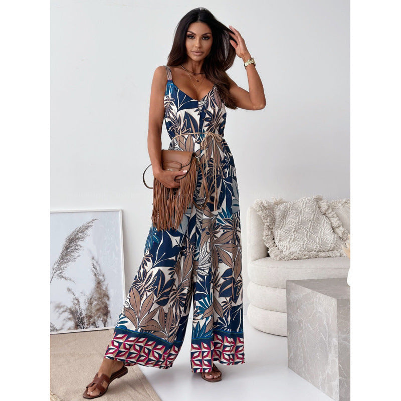 Damen Jumpsuit mit floralem Design und taillierbarem Gürtel Shopnory