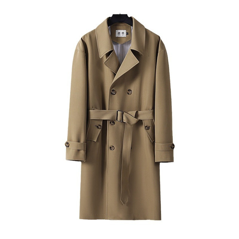 Herren Moderner knielanger Doppelreihiger Trenchcoat mit Taillengürtel Shop Nory