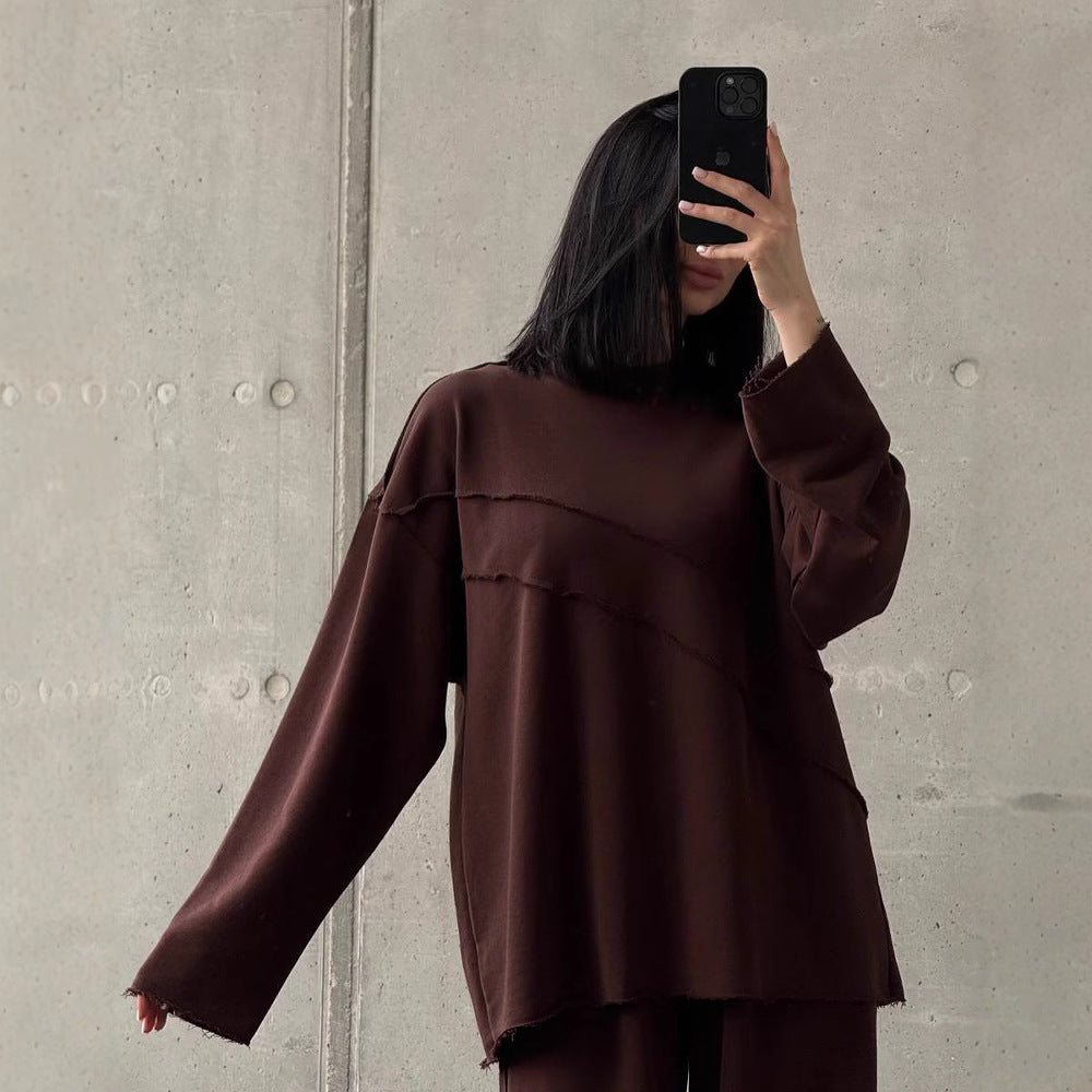 Damen weiches Oversize Lounge-Set mit diagonalem Ziernähten und extra weiter Palazzo-Hose Shop Nory