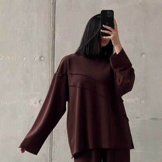 Damen weiches Oversize Lounge-Set mit diagonalem Ziernähten und extra weiter Palazzo-Hose Shop Nory