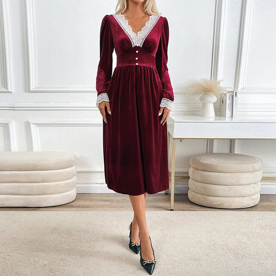Damen Samt-Midikleid mit Spitzen‑V-Ausschnitt, tailliertem Empire‑Schnitt und Zierknöpfen Shop Nory