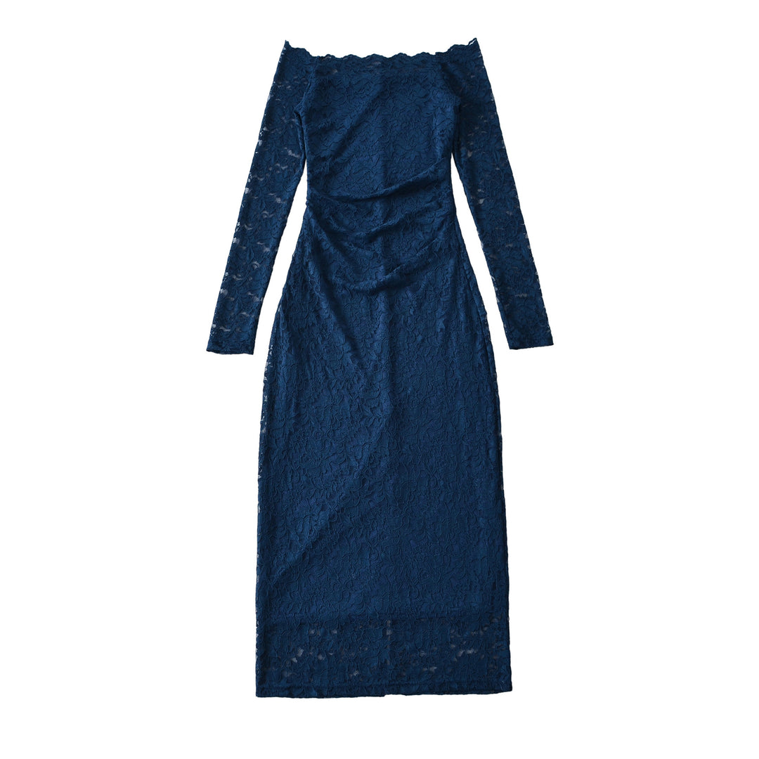 Damen Schulterfreies Spitzenkleid mit Taillenraffung und Langarm Shop Nory