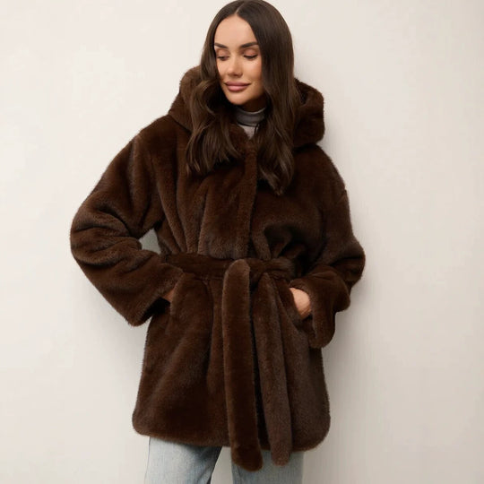 Damen Kapuzen-Kurzmantel aus luxuriösem Kunstpelz mit Taillengürtel Shop Nory