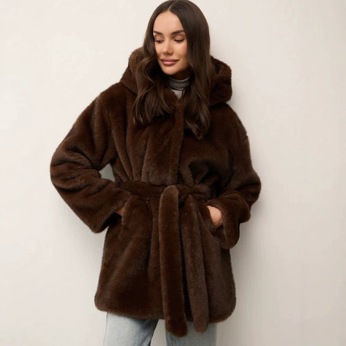 Damen Kapuzen-Kurzmantel aus luxuriösem Kunstpelz mit Taillengürtel Shop Nory