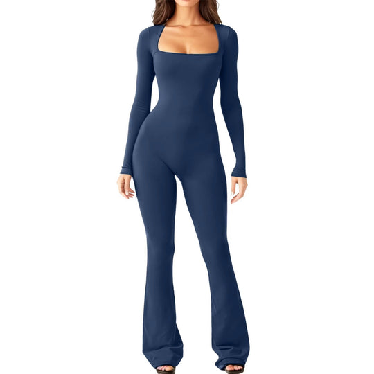 Damen figurbetontes Jumpsuit mit quadratischem Ausschnitt, langen Ärmeln und ausgestellt Bein Shop Nory