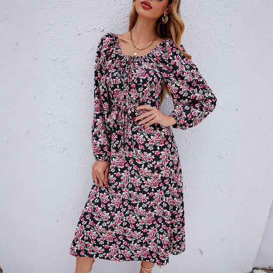 Damen GShop Norylümtes Midikleid mit gerafftem Rundhalsausschnitt, Taillenkordel und Ballonärmeln Shop Nory