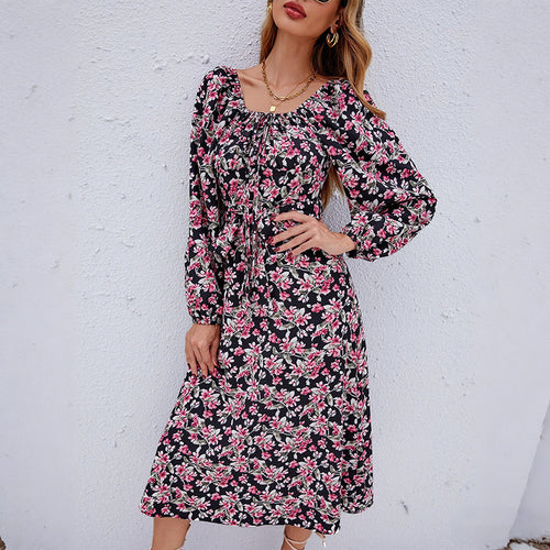 Damen GShop Norylümtes Midikleid mit gerafftem Rundhalsausschnitt, Taillenkordel und Ballonärmeln Shop Nory