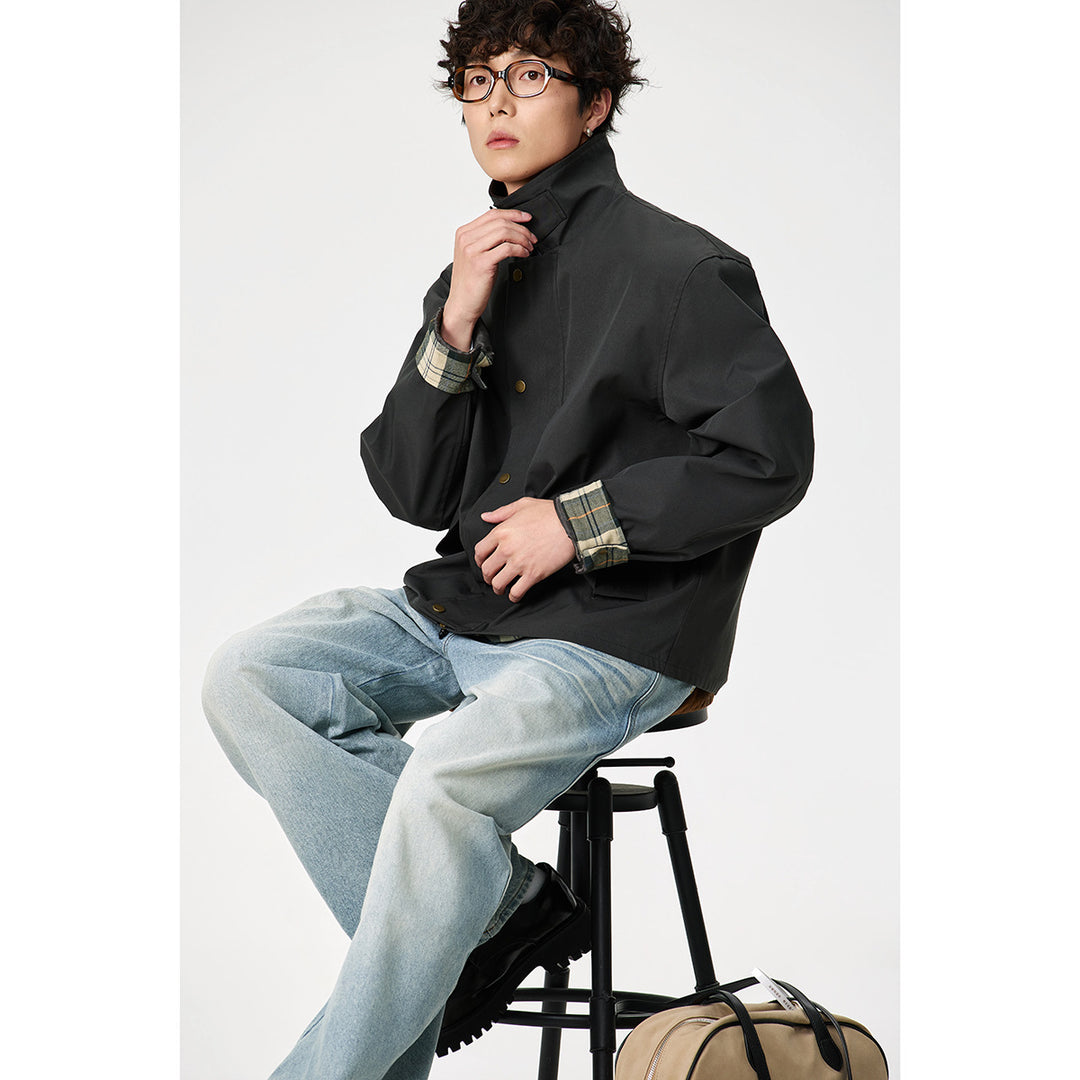 Herren Kurz geschnittene Canvas‑Fieldjacke mit Cordkragen und verdeckter Druckknopfleiste Shop Nory