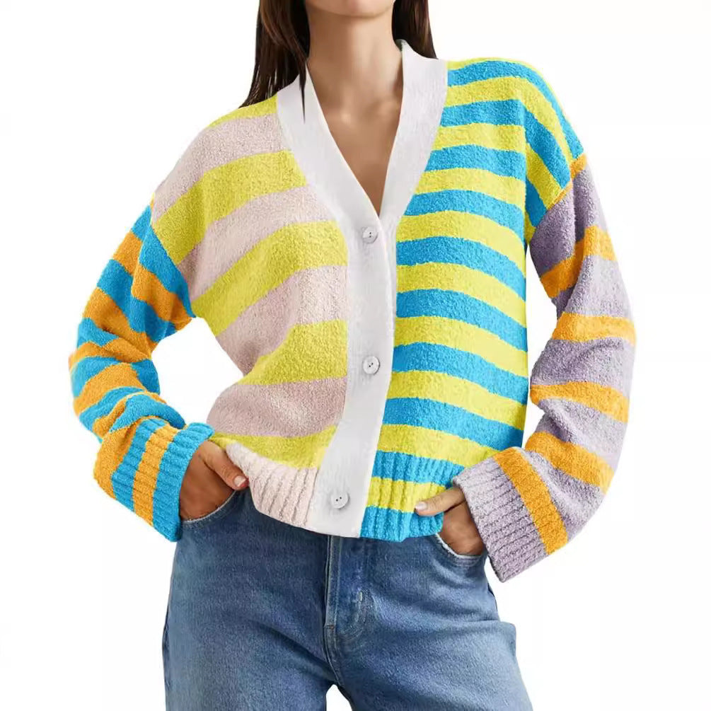 Damen lockerer gestreifter Frottee-Cardigan mit V-Ausschnitt und Knopfleiste Shop Nory