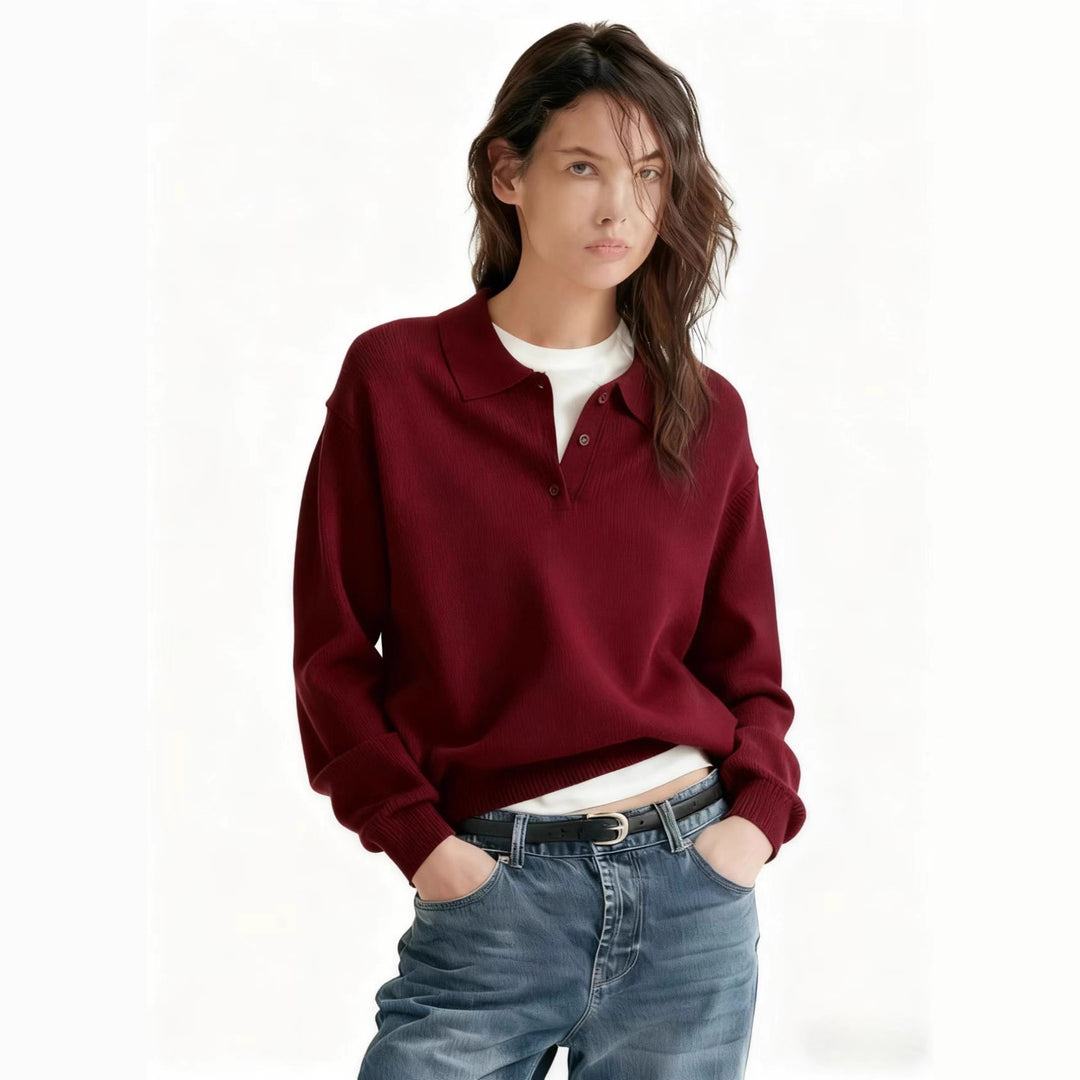 Damen Feinstrick-Polo-Sweater mit Knopfleiste und geripptem Saum Shop Nory