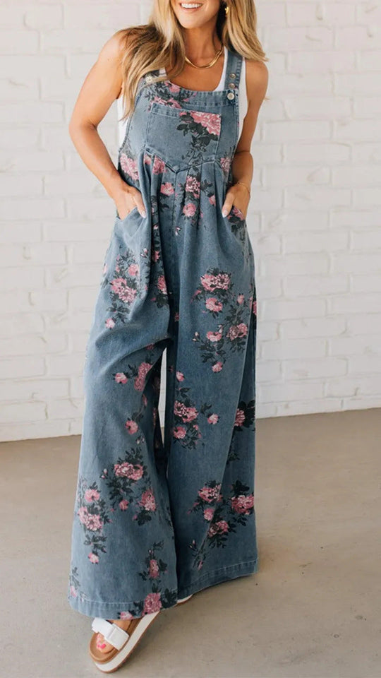 Damen Lässiger Denim-Hosenanzug mit floralem Print und weiten Beinen