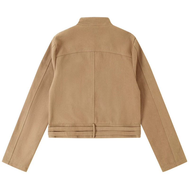 Damen Kurz geschnittene Baumwoll-Utility-Jacke mit Stehkragen Frontreißverschluss und verstellbaren Taillenriemen Shop Nory