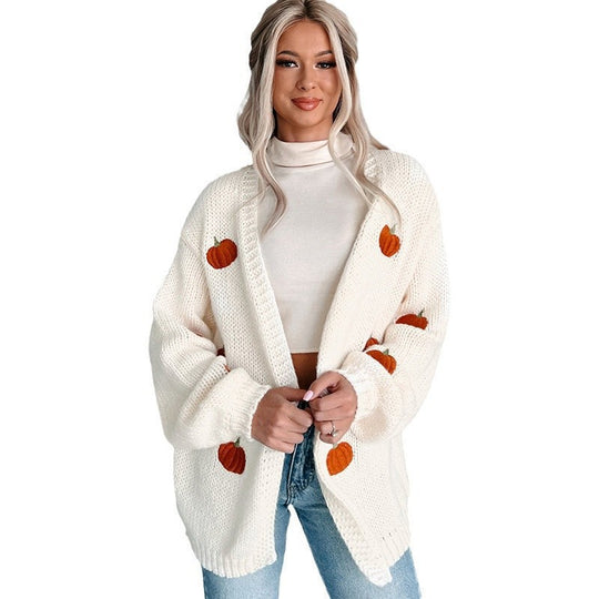 Damen Kuscheliger Oversize-Strickcardigan mit Kürbis‑Stickerei Shop Nory