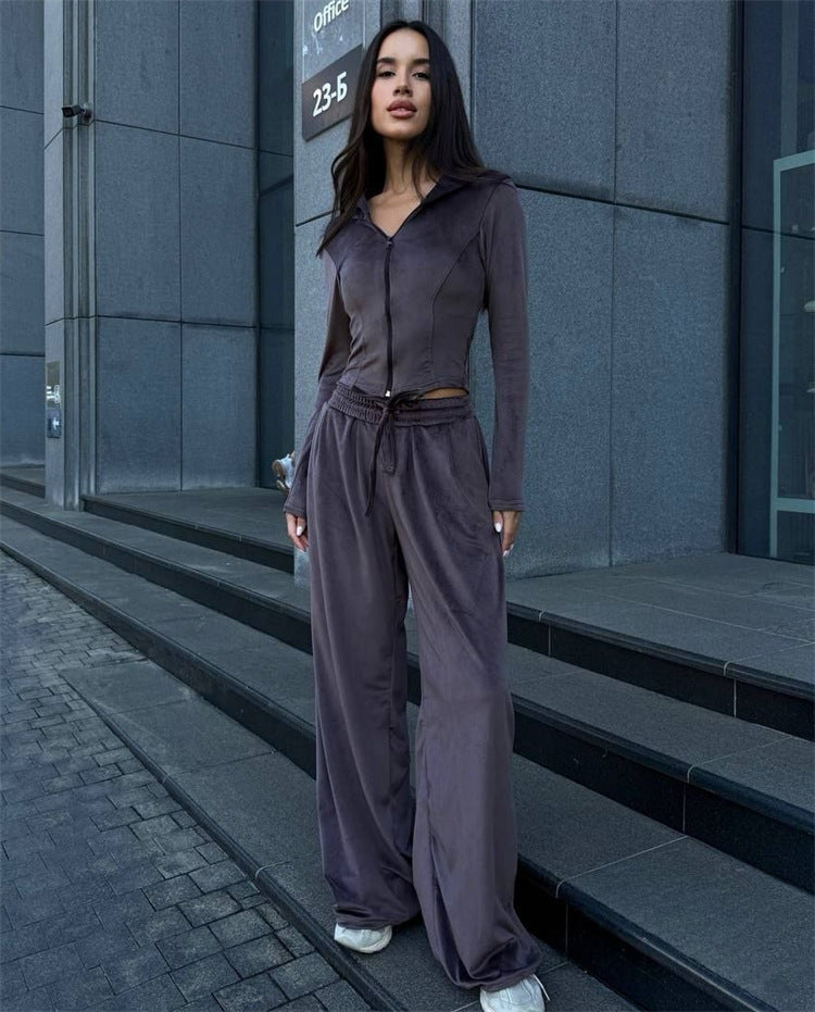 Damen Lounge-Set mit taillierter Kapuzenjacke und extraweiter Palazzo-Jogginghose Shop Nory