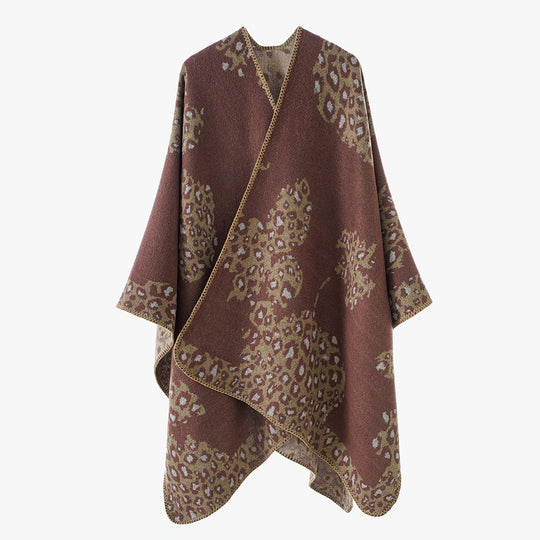 Damen Wolloptik-Überwurf mit gewebtem Leopard-Jacquard und offenem Zipfelrand Shop Nory