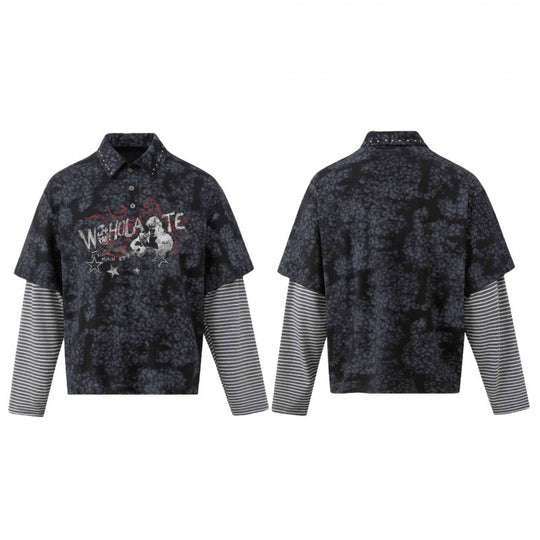 Unisex Lagen-Look Polo-Shirt mit Nietenkragen, Grafikprint und gestreiften Ärmeln Shop Nory