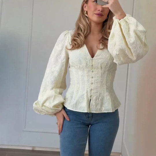 Damen Taillierte Spitzenbluse im Korsagenstil mit V-Ausschnitt, Knopfleiste und Ballonärmeln Shop Nory