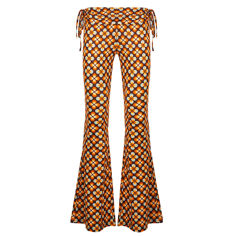 Damen nan ausgestellte Schlaghose mit hoher Taille, seitlichen Kordelzügen und retro Blumenprint Shop Nory