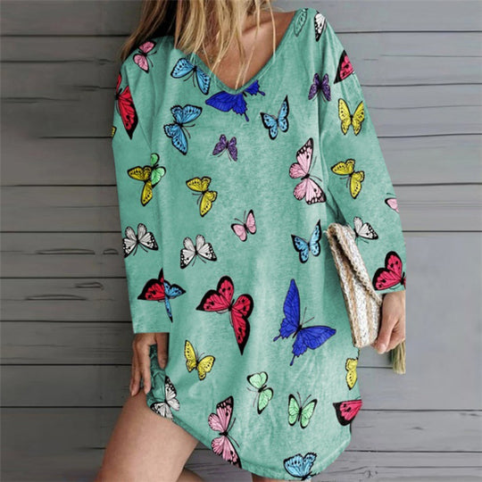 Damen Oversize Tunika-Kleid mit V-Ausschnitt und Schmetterlingsprint Shop Nory