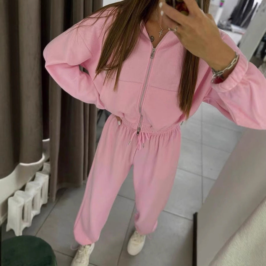 Damen kurzes Reißverschluss-Hoodie mit elastischem Bund und High-Waist Jogginghose aus Baumwollmix Shop Nory