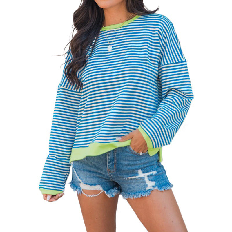 Damen Lässig-gestreiftes Langarmshirt mit kontrastfarbenem Saum & weiter Passform Shop Nory
