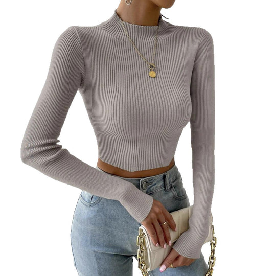 Damen Gerippter Cropped Feinstrickpullover mit Stehkragen Shop Nory