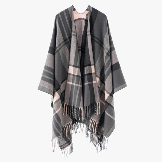Damen Oversize Karierter Fransen-Poncho aus weichem Strick Shop Nory