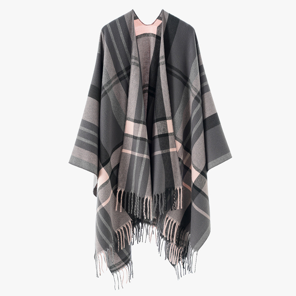 Damen Oversize Poncho-Cape mit Karomuster und Fransen Shop Nory