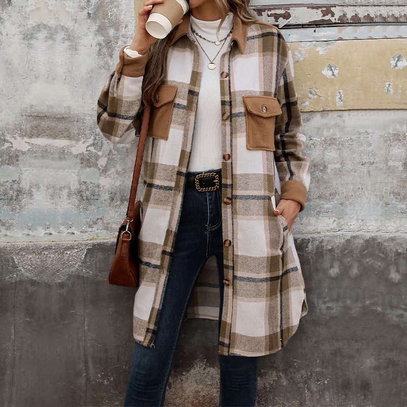 Damen Lange Überwurfjacke im karierten Flanell‑Look mit aufgesetzten Pattentaschen Shop Nory