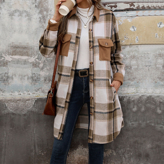 Damen Lange Überwurfjacke im karierten Flanell‑Look mit aufgesetzten Pattentaschen Shop Nory