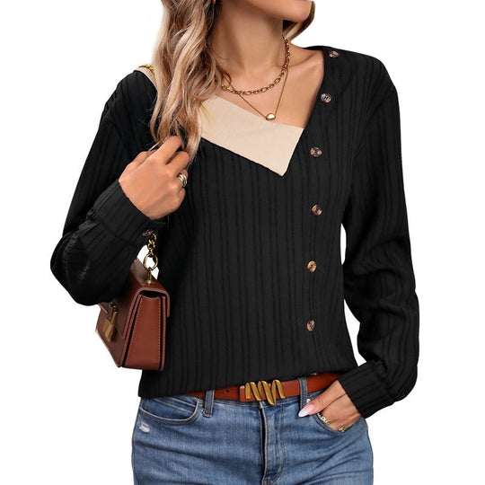 Damen Rippstrick-Top mit asymmetrischer Knopfleiste und kontrastierendem V‑Einsatz Shop Nory
