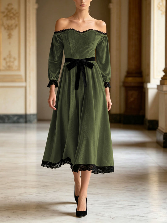 Damen Schulterfreies Samtkleid mit Spitzenbesatz, Samt-Taillengürtel und ausgestelltem Midirock Shop Nory