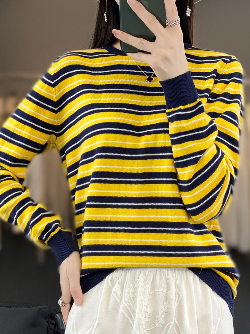Damen Lässiger Ringel-Feinstrickpullover mit Boxy‑Silhouette und kontrastierenden Rippbündchen Shop Nory