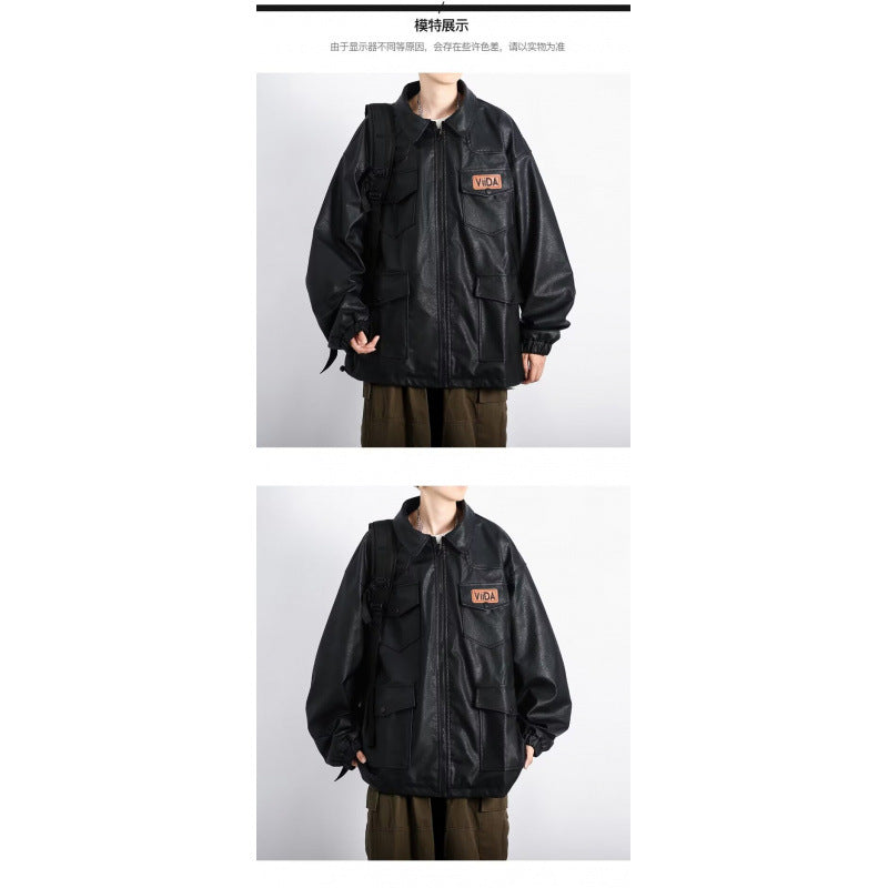 Unisex Oversized Utility Lederimitat Jacke mit Mehreren Klappentaschen Shop Nory