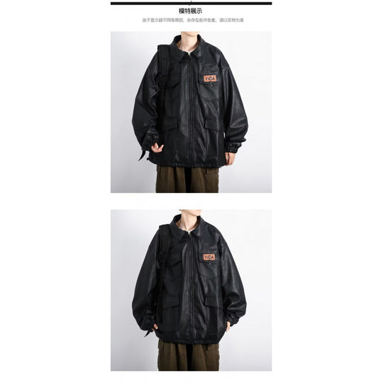 Unisex Oversized Utility Lederimitat Jacke mit Mehreren Klappentaschen Shop Nory