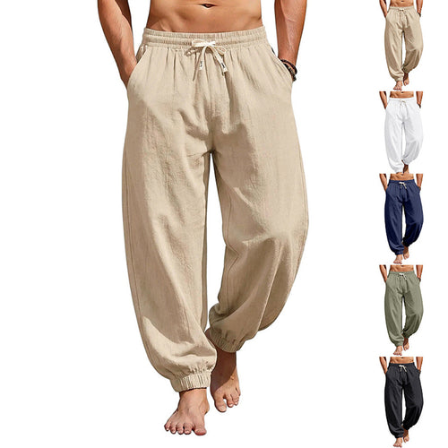 Herren Weite Leinenoptik-Strandhose mit Kordelzug, elastischem Bund und gerafften Beinabschlüssen Shop Nory