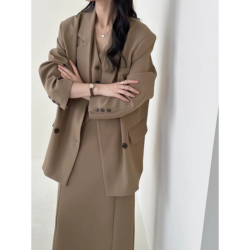 Damen Oversize-Sakko mit kastiger Weste und knöchellangem Midirock Shop Nory