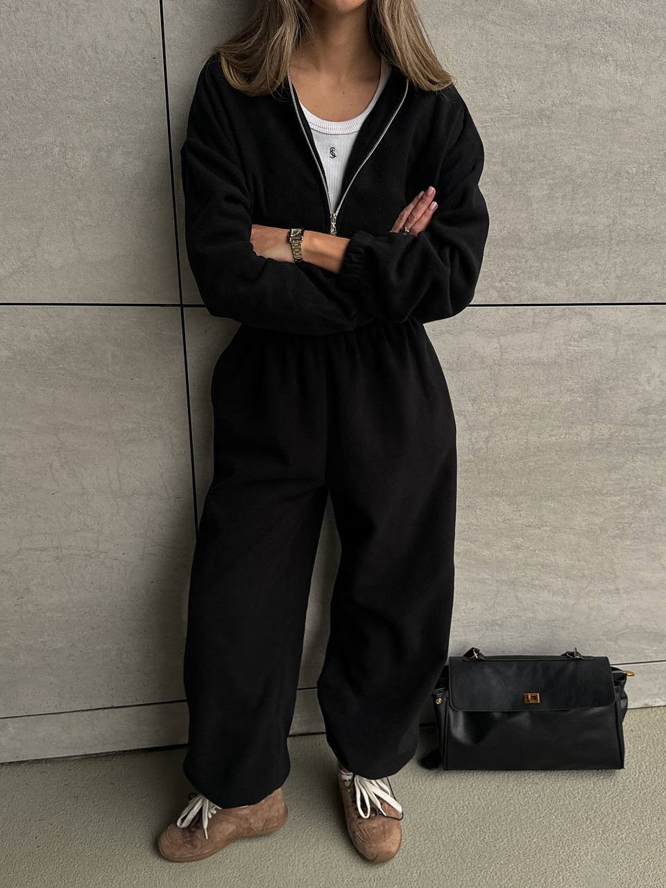 Damen Lässiger Fleece-Hausanzug mit Zip-Kapuze und elastischem Taillenbund Shop Nory