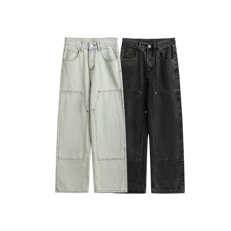 Damen Weite Utility-Denimhose mit Knie‑Patch, hohem Bund und geradem Bein Shop Nory