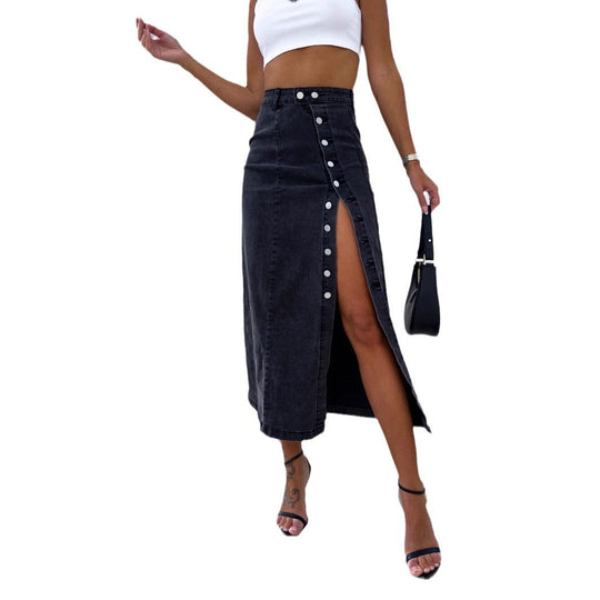 Damen Langer Jeansrock mit seitlichem Schlitz und modischen Knopfdetails