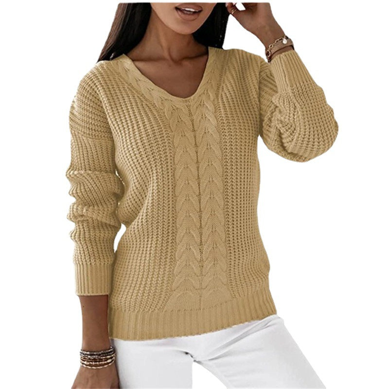 Damen nan grob gestrickter V-Ausschnitt Pullover mit Zopfmuster und lockerer Silhouette Shop Nory