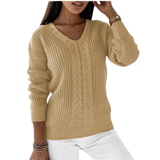 Damen nan grob gestrickter V-Ausschnitt Pullover mit Zopfmuster und lockerer Silhouette Shop Nory